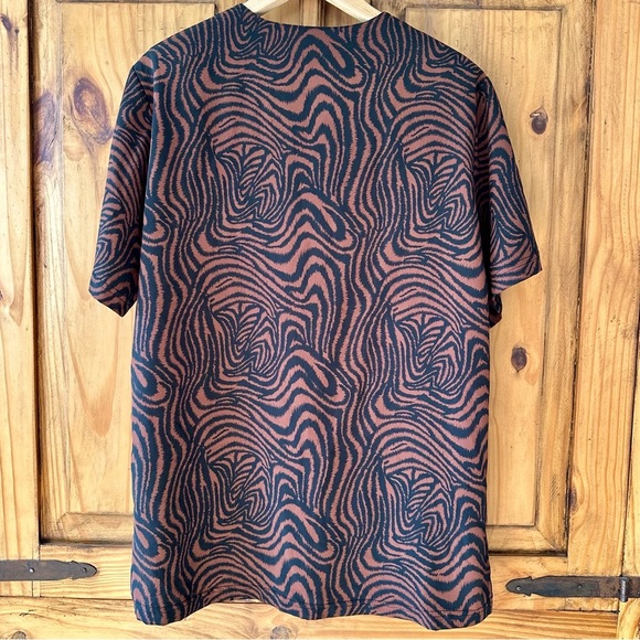 Animal Print Collarless Button Up Shirt Zebra Print Black Brown Short Sleeves - Picture 4 of 7